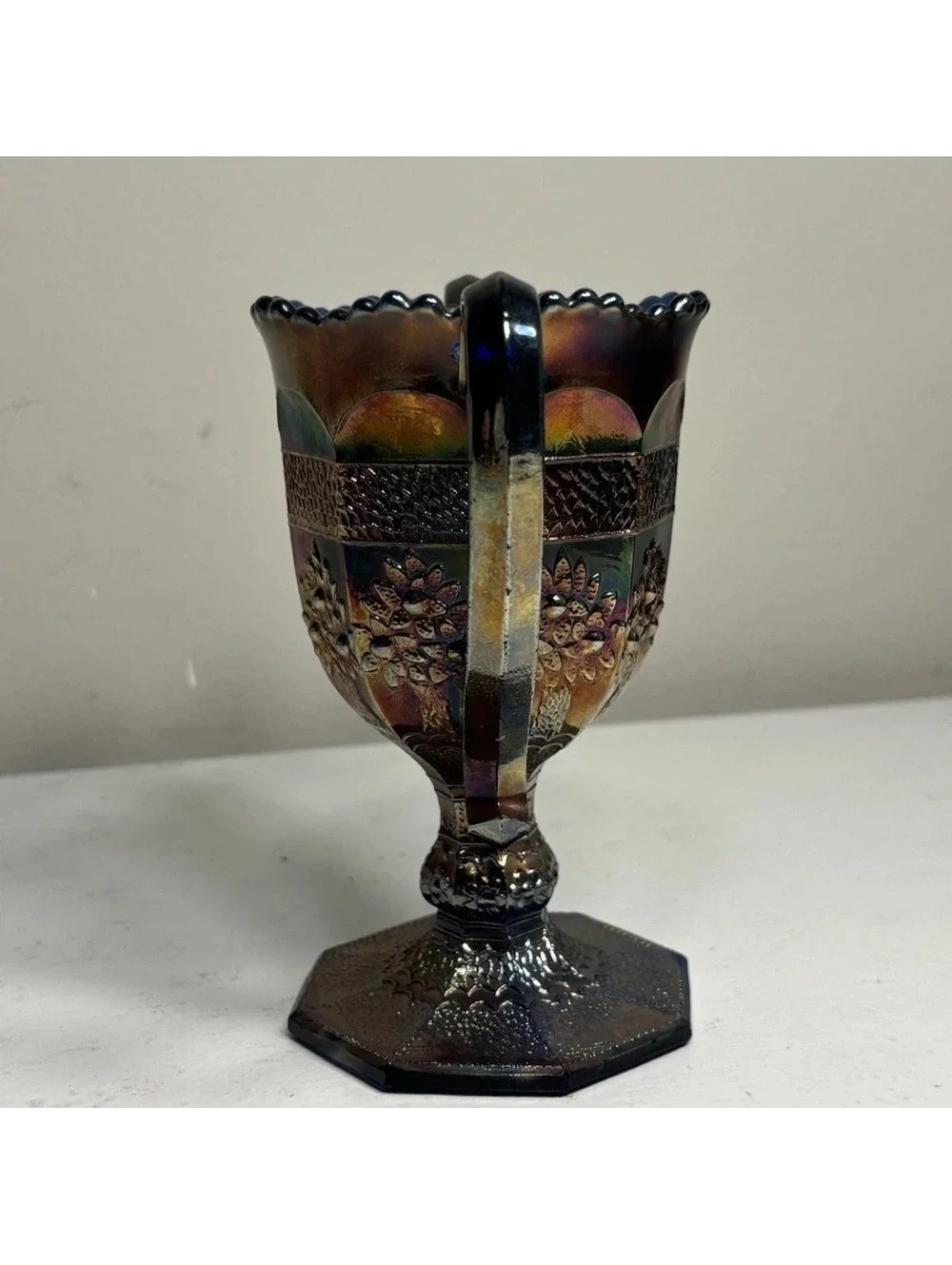 Fenton Blue Carnival Glass Orange Tree Loving Cup